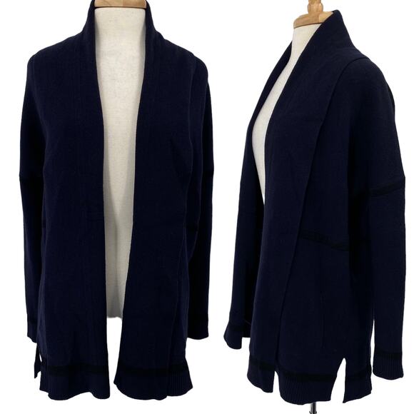 Vince Cardigan Sweater Open Front Wool Cashmere Black Trim Navy Blue Womens XS - Picture 1 of 13